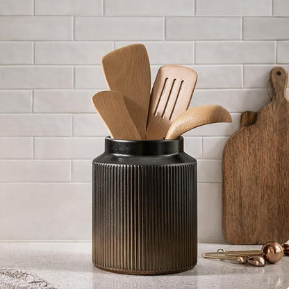 JIEMEI HOME Kitchen Utensil Holder, 6.77" Ceramic Farmhouse Stable Utensil Crock for Countertop, Vintage Style Cooking Tool Organizer with Cork Mat, Spatula Holder For Kitchen Decor, Black - Image 7