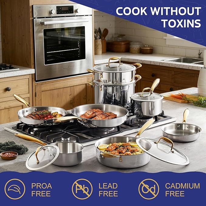Triple Ply Stainless Steel Pots and Pans Set, EWFEN 12 Piece Induction Cookware Set, Oven Dishwasher Safe | Frying Pans, Saucepans, Saute Pan & Stock Pot, PFOA Free Kitchen Skillet, Gold - Image 4