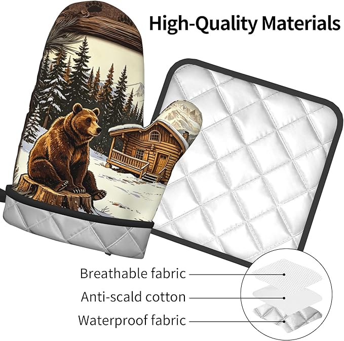 Vintage Oven Mitts and Pot Holders Sets Rustic Cabin Kitchen Gloves Bear Hot Pads Cute Baker Stuff Chef Cooking Baking Gifts for Women - Image 4