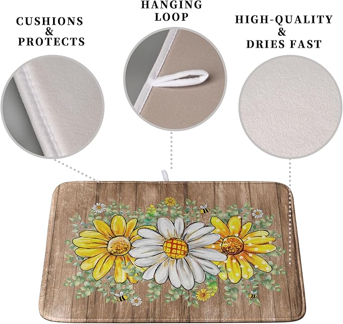 Rustic Daisy Floral Dish Drying Mat for Kitchen Counter Spring Summer Sunflower Dish Drying Mat Bee Absorbent Microfiber Dish Mat Reversible Dish Drainer Rack Mat 16x18 Inch - Image 3