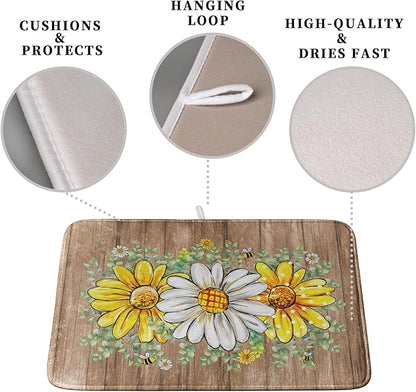 Rustic Daisy Floral Dish Drying Mat for Kitchen Counter Spring Summer Sunflower Dish Drying Mat Bee Absorbent Microfiber Dish Mat Reversible Dish Drainer Rack Mat Large 18x24 Inch - Image 3
