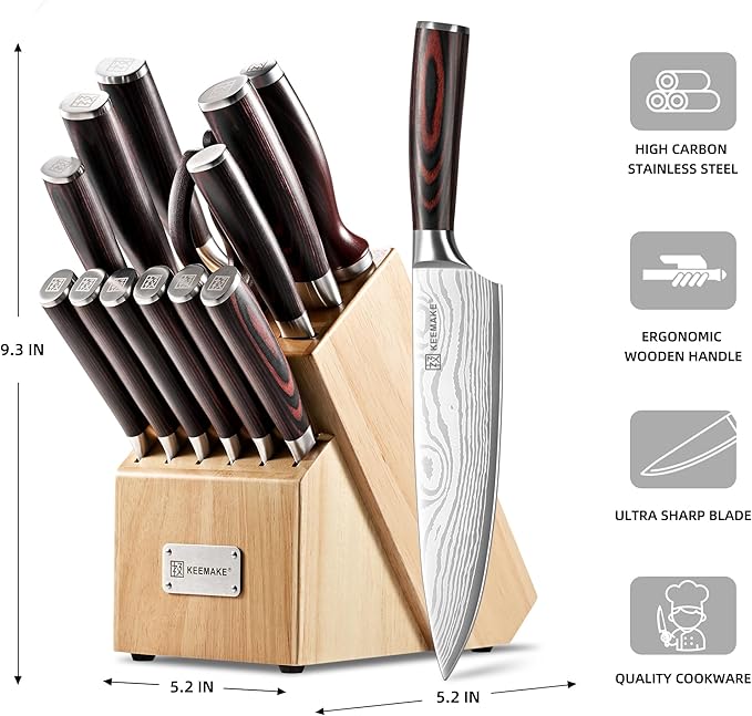KEEMAKE 14-Piece Knife Set with Block,Ultra Sharp Knife Block Set High Carbon Stainless Steel Kitchen Knife Set Professional Chef Knife Set with Ergonomic Pakkawood Handle and Sharpener
