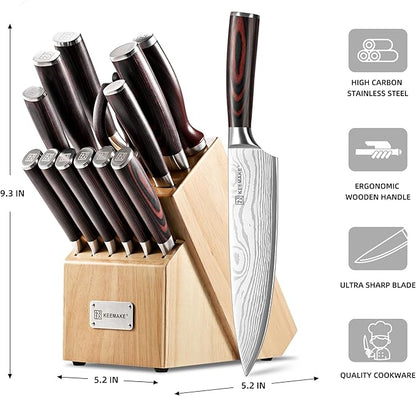 KEEMAKE 14-Piece Knife Set with Block,Ultra Sharp Knife Block Set High Carbon Stainless Steel Kitchen Knife Set Professional Chef Knife Set with Ergonomic Pakkawood Handle and Sharpener