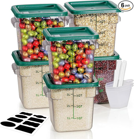 4QT NSF Food Storage Containers: 6 PCS [Food Grade][Hot&Cold Resistant] Commercial Clear Food Storage Containers with Lids for Restaurant Kitchen Proof Dough, Measuring Spoons Included(Green N) by SVKLHY