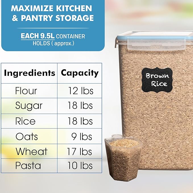 Shazo 2 PC (9.5L | 321 Oz) Extra Large Bulk Food Storage Containers with Airtight Lids for Flour, Sugar, Rice, Cereal & Pasta - Leakproof, BPA-Free Plastic Canisters for Kitchen & Pantry Organization - Image 4