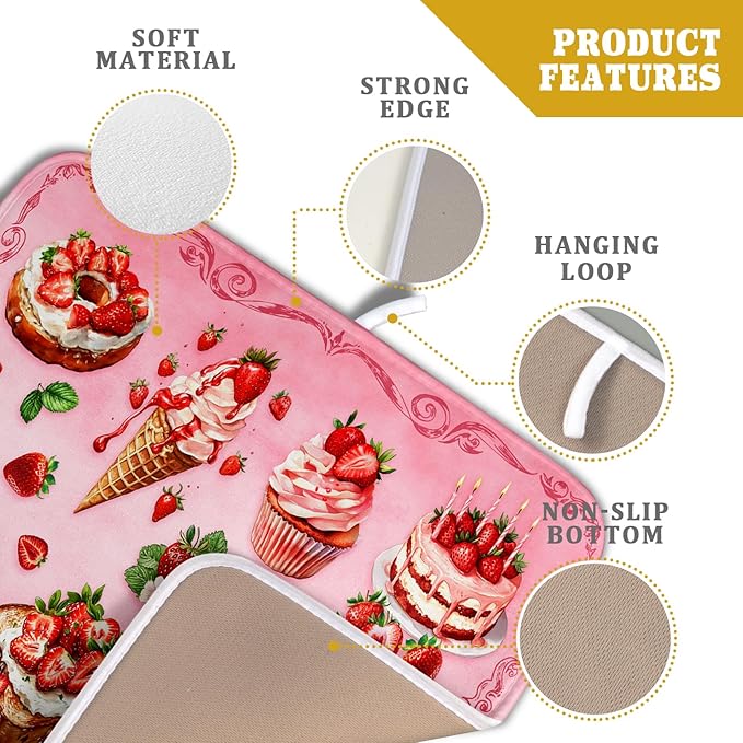 Pink Strawberry Dish Drying Mat for Kitchen Counter Washable Absorbent Dish Draining Mat 16×18in - Image 4