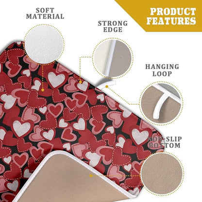 Valentines Day Dish Drying Mat for Kitchen Counter 18x16 Inch Love Drying Mat with Absorbent Reversible Microfiber Black Red Grey Heart Dish Drainer Mats Rack Pad for Coffee Countertop Protector