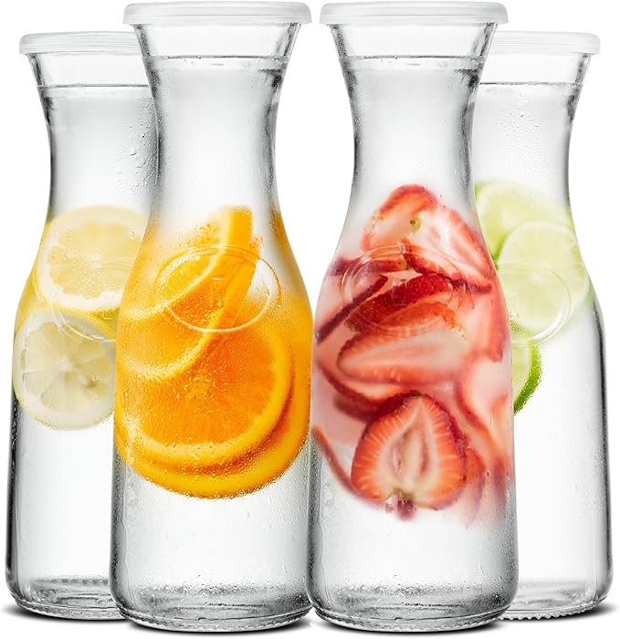 Kook Glass Carafe, Mimosa Bar Supplies, Carafe Pitchers with Lid, Glass Water Pitcher, Drink Dispensers for Parties, Tea, Wine, and Juice, Plastic Lids, Dishwasher Safe, 35 oz (set of 4) by Kook