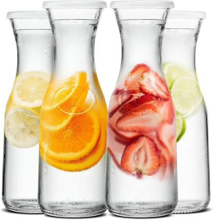 Kook Glass Carafe, Mimosa Bar Supplies, Carafe Pitchers with Lid, Glass Water Pitcher, Drink Dispensers for Parties, Tea, Wine, and Juice, Plastic Lids, Dishwasher Safe, 35 oz (set of 4) by Kook