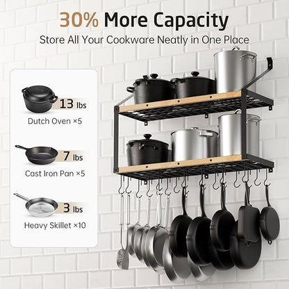 KES 132lb Heavy Duty Hanging Pot Rack Wall Mounted, 34 Inch Solid Wood Pot Rack Wall Mounted with 20 Sturdy Hooks, 2-Tier Wooden Pots Hanger Organizer Matte Black, KUR529S85B-BK