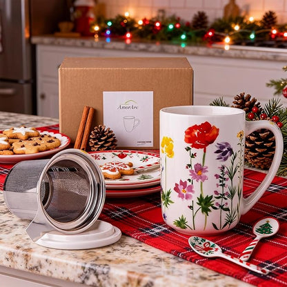 AmorArc Porcelain Tea Mug with Infuser and Lids, 18 Oz Coffee Cup Strainer with Bag Holder for Loose Leaf Tea, Tea Steeping Coffee Mug for House-warming Wedding Birthday Gift