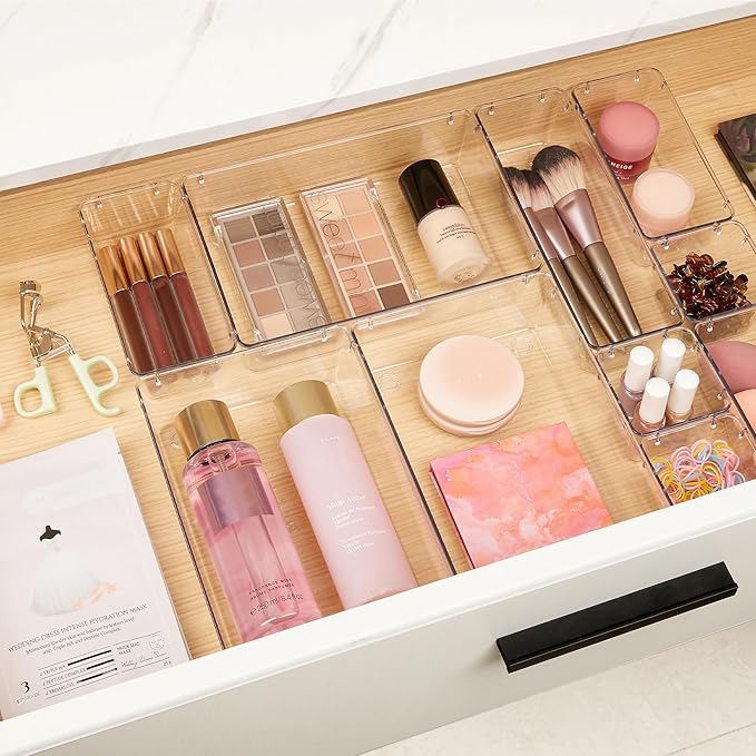 Vtopmart 10 Pcs Makeup Drawer Organizer Bins Set, 4 Size Plastic Makeup and Vanity Organizer Trays, Clear Acrylic Vanity Storage Containers for Cosmetics, Toiletries, Jewelry, Gadgets, Office Supply - Image 3