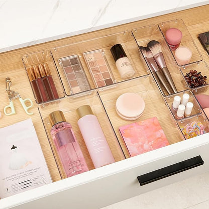 Vtopmart 10 Pcs Makeup Drawer Organizer Bins Set, 4 Size Plastic Makeup and Vanity Organizer Trays, Clear Acrylic Vanity Storage Containers for Cosmetics, Toiletries, Jewelry, Gadgets, Office Supply - Image 3