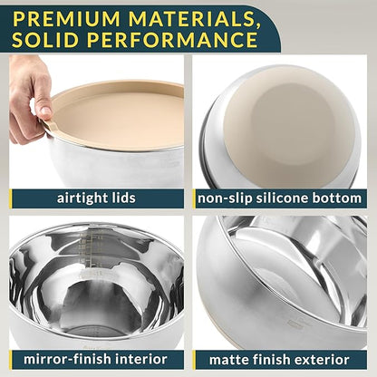 Baker's Signature Stainless Steel Mixing Bowls with Lids Set, 5 Sizes, 3 Graters, Non-Slip Base, Airtight Lids, Metal Mixing Bowls for Kitchen, Food Prep, Storage, 0.63QT-5QT, Khaki - Image 3
