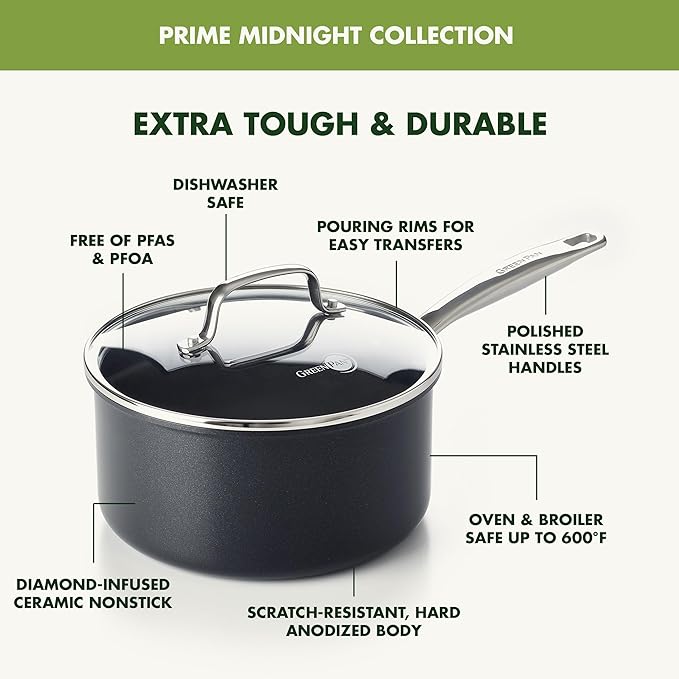 GreenPan Prime Chatham 1QT & 2QT Saucepan Pot Set with Glass Lids, Hard Anodized Diamond Infused Ceramic Nonstick, PFAS-Free, Dishwasher Safe, Oven Safe, Multipurpose Chefs Pan, Stay-Cool Handle,Black - Image 4
