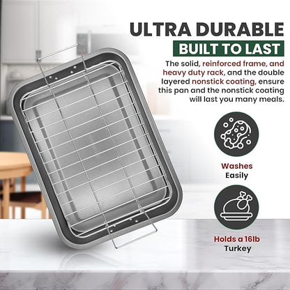 Large Roasting Pan With Rack 12” X 16” - Non Stick Large Roaster Pan and Flat Rack With Foldable Handles - Roasting Pans for Ovens to Elevate Food for Even Heating - Dishwasher Safe Turkey Roast Pot