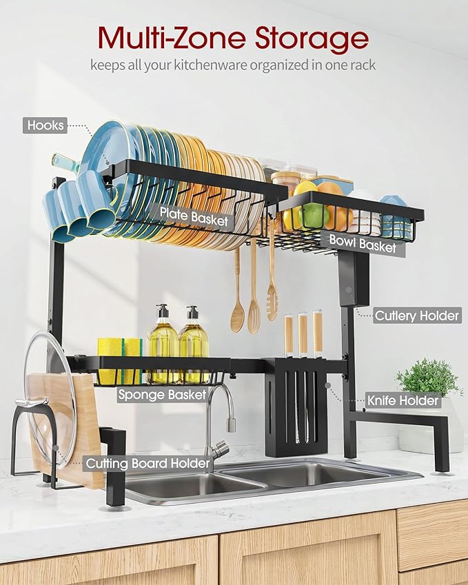 Sakugi Dish Drying Rack - Over the Sink Dish Drainer Drying Rack with Utensil & Knife Holder, Hooks, Stainless Steel Kitchen Organizers and Storage Solution, 11" D x 30.5"~34''W x 21.5" H, Black - Image 4