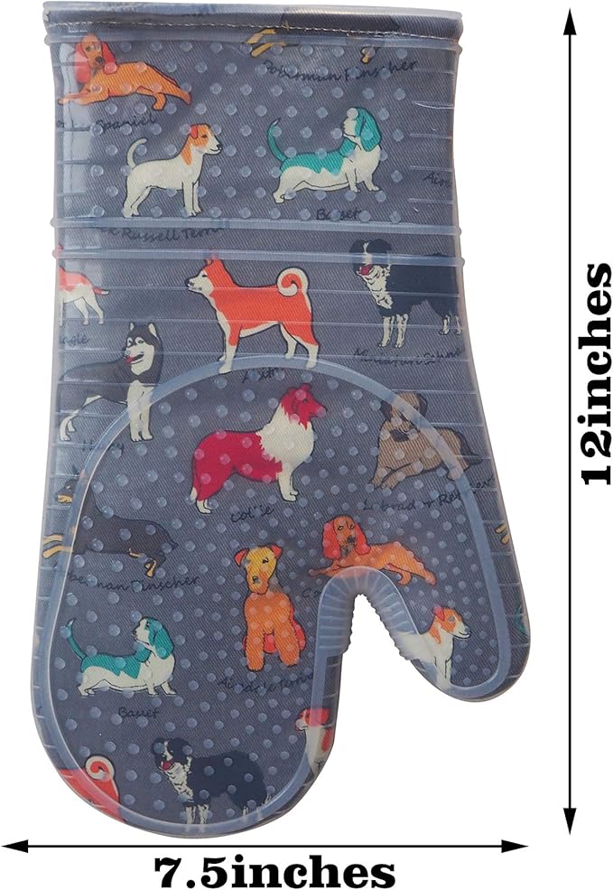 Oven Mitts Set of 2 with Transparent Clear Silicone Shell and Nice Dog Printing Cotton Lining, Heat Resistant to 500 F Kitchen Oven Gloves Pot Holder for Cooking (Gray) - Image 2
