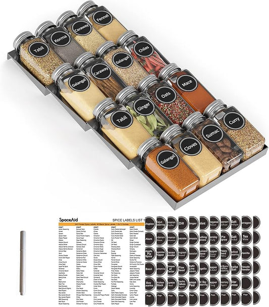 SpaceAid Spice Drawer Organizer with 16 Spice Jars, 386 Spice Labels, 4 Tier Seasoning Rack Tray Insert for Kitchen Drawers, 7.5" Wide x 17.5" Deep by SpaceAid