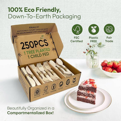 EcoPreps 100% Compostable Bamboo Cutlery Set (250 PCS - 125 Forks, 75 Spoons, 50 Knives) Eco-Friendly, Natural, Biodegradable Disposable Utensils Set | Bamboo Disposable Forks, Knives, and Spoons Sets - Image 6