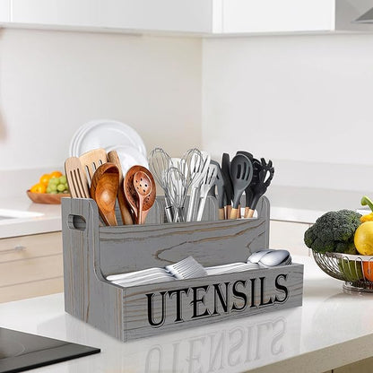 Suli Kitchen Utensils Holder, Wooden Utensil Organizer for Kitchen Countertop, Farmhouse Utensil Storage, Rustic Cooking Utensils ,4 Compartments,- Grey Grain