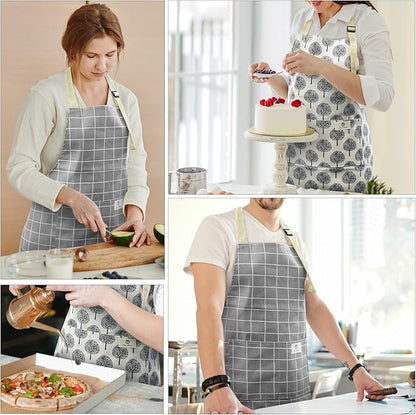 NLUS 2 Pack Waterproof Cooking Aprons, Adjustable Bib Soft Chef Apron with 2 Pockets for Men Women (Gray Stripe/Gray Trees) - Image 8