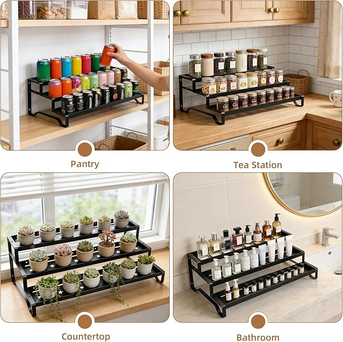 SANKEU Expandable Spice Rack Organizer for Cabinet 3 Tiered Metal Seasoning Organization with Guardrails Spice Shelf Storage for Jars Adjustable Length 13"-21" Black 2Pack - Image 4