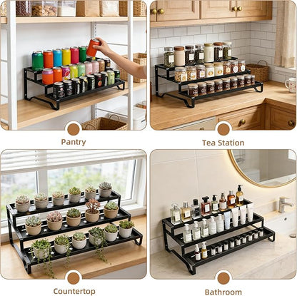 SANKEU Expandable Spice Rack Organizer for Cabinet 3 Tiered Metal Seasoning Organization with Guardrails Spice Shelf Storage for Jars Adjustable Length 13"-21" Black 1Pack - Image 4