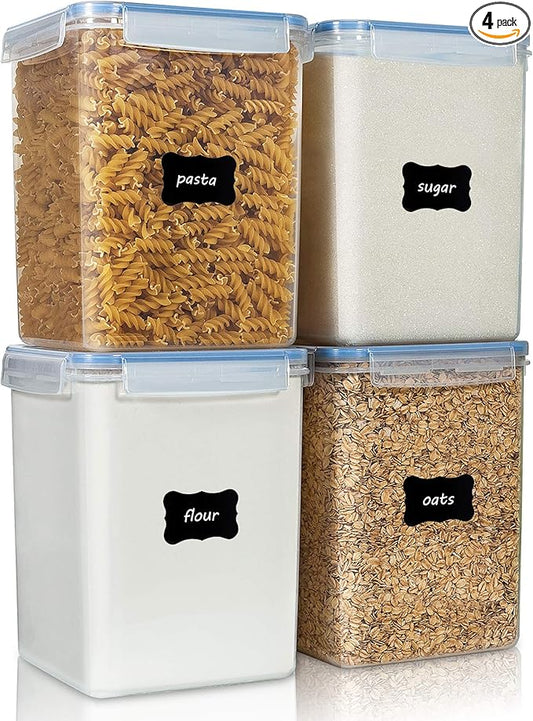 Vtopmart Large Food Storage Containers 5.2L / 175oz, 4 Pieces BPA Free Plastic Airtight Canisters for Flour, Sugar, Baking Supplies, Rice with Lids, 4 Measuring Cups and 24 Labels, Blue by Vtopmart
