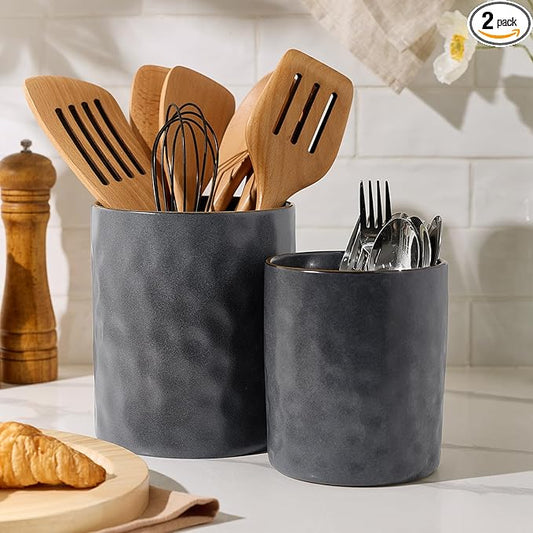 famiware Ocean Utensil Holder, 7.2"+5.8" Ceramic Kitchen Utensil Holder for Countertop, 2 Pieces Cooking Utensil Crocks, Utensil Organizer for Spatula & Spoon, Kitchen, Set of 2, Matte Dark Charcoal by Famiware