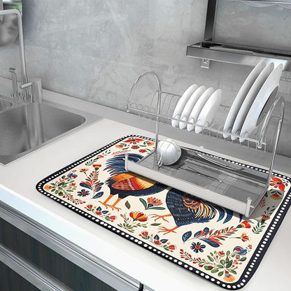 Rooster Poultry Dish Drying Mat for Kitchen Counter 18x24 Inch Microfiber Absorbent Colorful Printing Drying Pad - Image 5