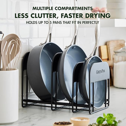 GreenPan Stainless Steel Wire Cookware Storage Rack, 5 Frying Pan Compartments, Countertop or Cabinent Organizer, Minimizes Clutter, Fast Drying, Wipes Clean, Black