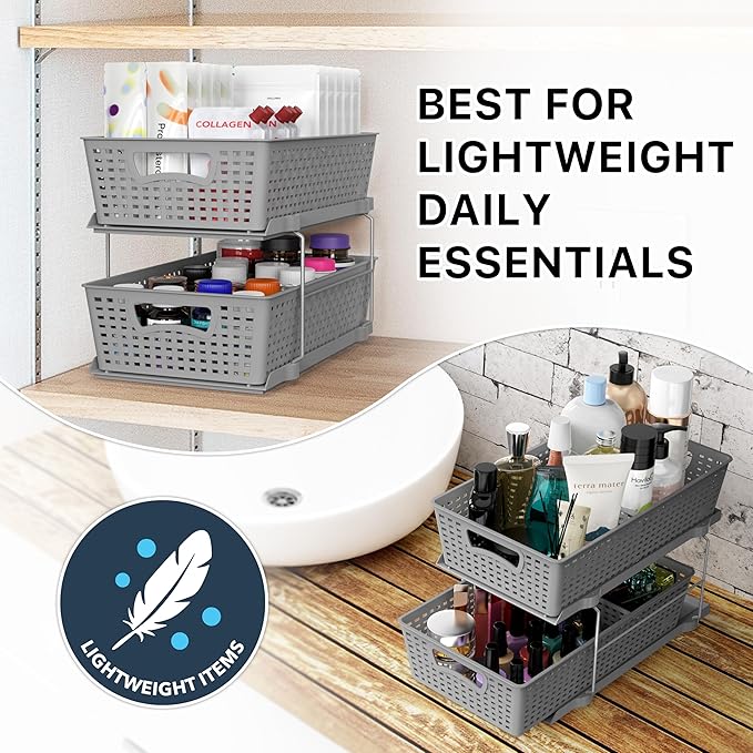Simple Houseware 2 Tier Bathroom Organizer Tray Pull-Out Sliding Drawer, Under Sink Storage, Gray - Image 7