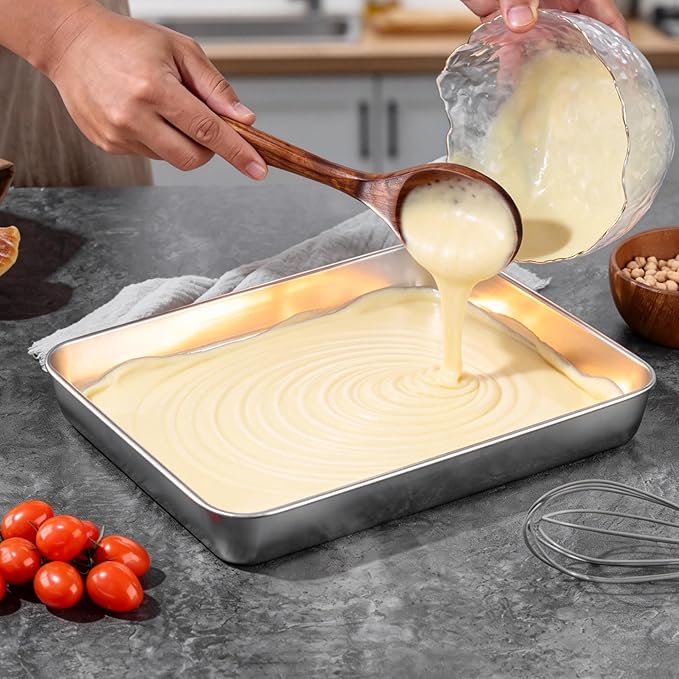 LIANYU 2 Pack Stainless Steel Baking Pan with Lid, 12⅓ x 9¾ x 2 Inch Rectangle Sheet Cake Pan, Lasagna Brownie Bakeware Set with Cover, Non-Toxic & Dishwasher Safe (2 Pans + 2 Lids)