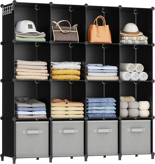 HOMIDEC Closet Organizers and Storage, 16 Cube Storage Organizer, Closet Organizer Bookshelf Cubes Shelves for Clothes, Bedroom, Kids Room, Bathroom, Wardrobe, Garment Racks, Black by DecorateYourHome