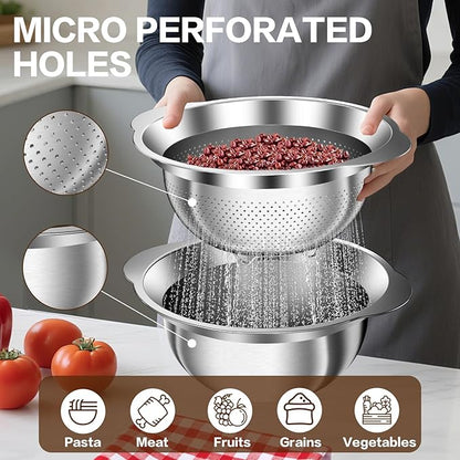 3.5QT Colander with Bowl, Rice Strainer, Stainless Steel Mixing Bowls with Strainer, Pasta Strainer, Colander for Kitchen for Rice Pasta Fruits Vegetables, Rice Cleaner Strainer, Dishwasher Safe - Image 5