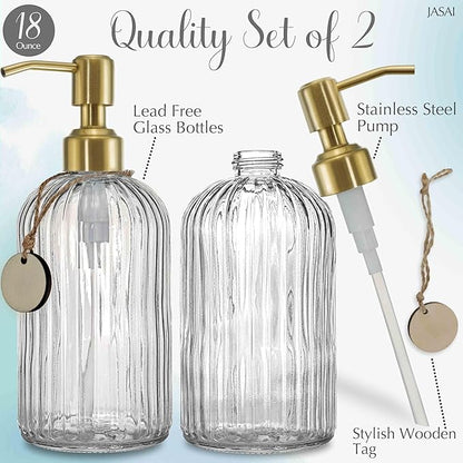 JASAI 2PACK 18Oz Fluted Glass Soap Dispenser with Golden Rust Proof Pump, Refillable Kitchen soap Dispenser with Vertical Stripe, Bathroom Soap Dispenser for Dispense Hand soap, Dish Soap, Lotion. - Image 2