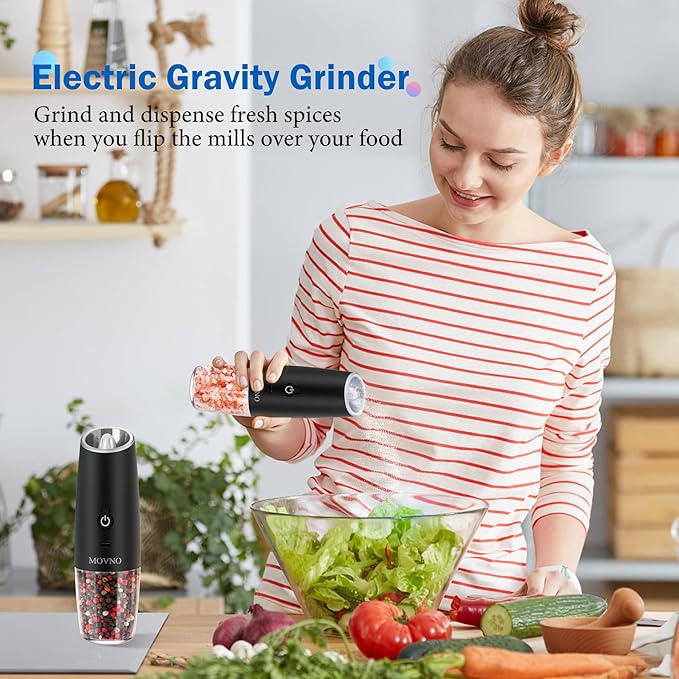 Gravity Electric Salt and Pepper Grinder Set, Battery Powered LED Light One Hand Automatic Operation, Adjustable Coarseness Mill Grinders Shakers Black (E. USB rechargeable -2P)