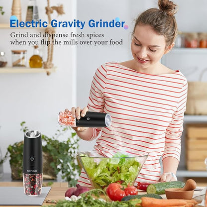 Gravity Electric Salt and Pepper Grinder Set, Battery Powered LED Light One Hand Automatic Operation, Adjustable Coarseness Mill Grinders Shakers Black (E. USB rechargeable -2P)