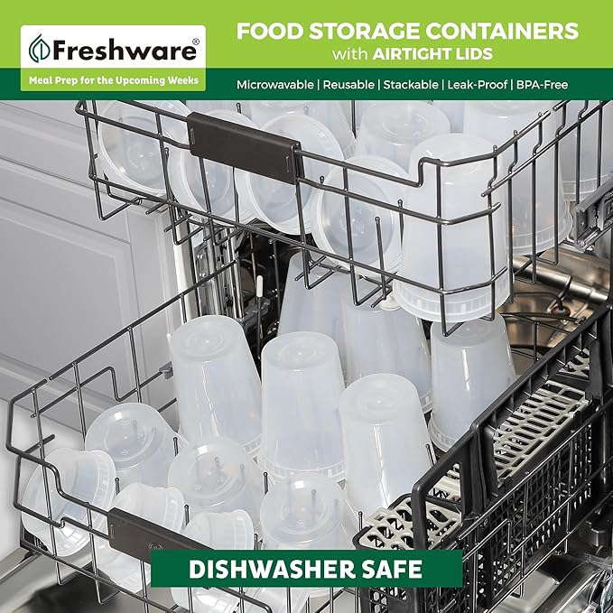 Freshware 48 Pack of 16 and 32 oz, 24 sets each size Food Storage Containers with Lids, Plastic Deli Containers, Meal Prep Containers, Microwave and Freezer Safe, Stackable, Leakproof, BPA Free, Clear - Image 6