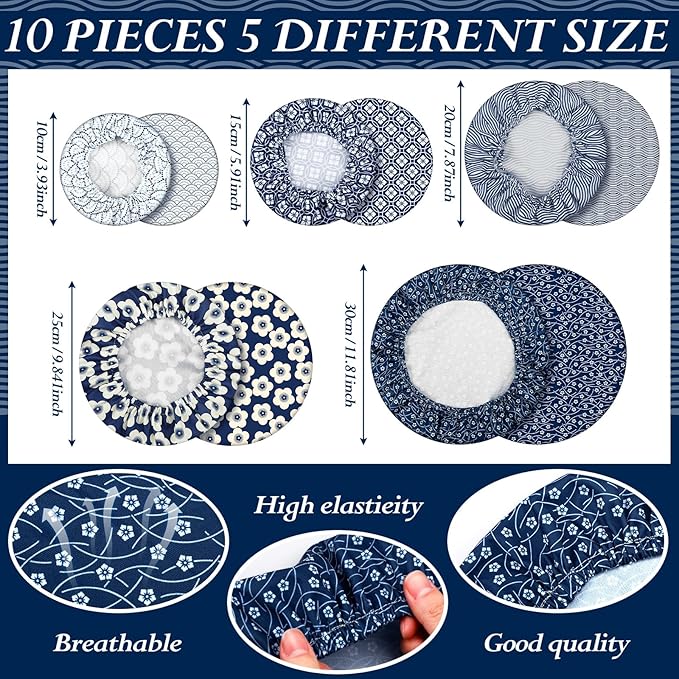 Patelai 10 Pcs Bowl Covers Reusable in 5 Size Stretch Cloth Fabric Elastic Food Storage Bowl Covers Bread Sourdough Lids for Proofing Food Fruits Leftover(Blue White,Geometric Style) - Image 2