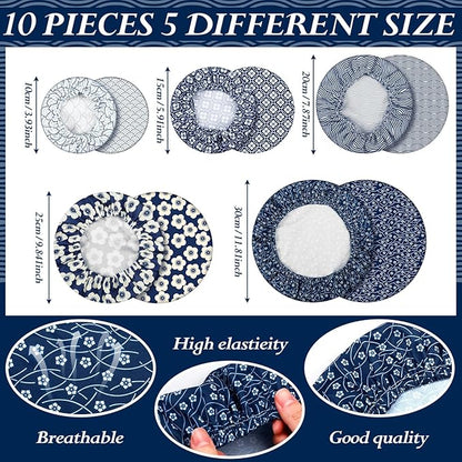 Patelai 10 Pcs Bowl Covers Reusable in 5 Size Stretch Cloth Fabric Elastic Food Storage Bowl Covers Bread Sourdough Lids for Proofing Food Fruits Leftover(Blue White,Geometric Style) - Image 2
