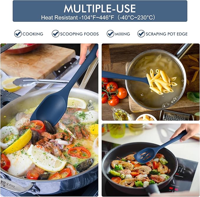 HOTEC 446°F Heat Resistant Silicone Cooking Spoon Spatula, BPA Free Large Kitchen Solid and Slotted Spoons for Mixing, Serving, Scraping, Non-stick, Dishwasher Safe Classic Blue 12.5inch - Image 6
