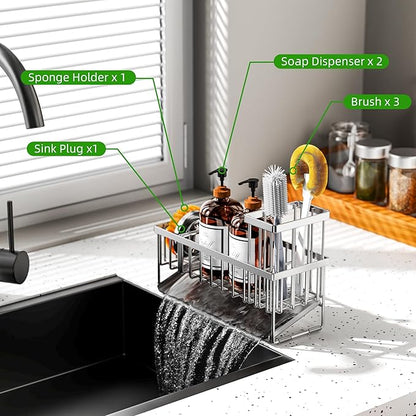 Cisily Extra Large Silver Kitchen Sink Caddy Organzier with High Brush Holder, Sponge Holder for Sink, 304 Rustproof Stainless, Kitchen Countertop Soap Dispenser Organizer For Decor and Accessories - Image 2