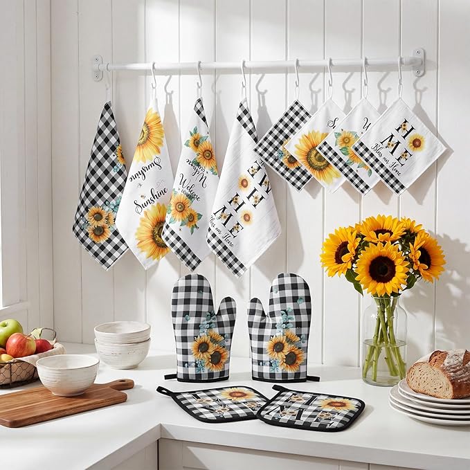 Bencailor 12 Pcs Farmhouse Sunflower Kitchen Decor and Accessories Sets 4 Black and White Check Kitchen Towels 4 Absorbent Dishcloths 2 Pot Holders 2 Oven Mitts Gloves for Home Decor Mom Gifts