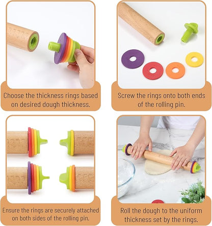 BAMBOO LAND- Adjustable Rolling Pin with Thickness Rings for Baking, 13.8", 4 Colorful Thickness Rings (2-10 mm or 1/16"-3/8"), Wood Rolling Pins for Baking, Bread, Pizza Doughs - Image 4