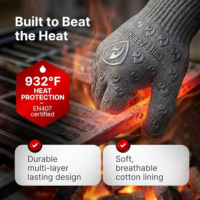 Oven Gloves with Fingers - 932°F Extreme Heat Proof and Cut Resistant Mitts for Kitchen, BBQ, Grill, Baking, Fire Pit - EN407 Certified with Non-Slip Silicone Grip and Cotton Lined for Comfort - Image 3