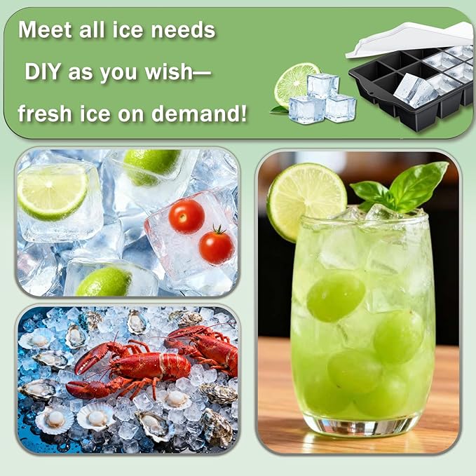 Ice Cube Trays for Freezer, 2 Pack Easy Release Slicone Ice Cube Tray with Lid, BPA Free Stackable Flexible Ice Molds 15 Square Reusable Ice Cubes for Whiskey, Baby Food, Iced Coffee (Black) - Image 7