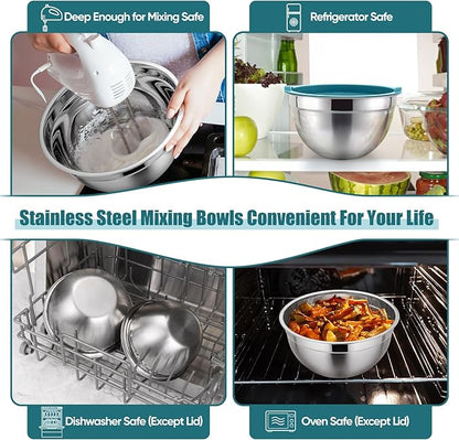 P&P CHEF Mixing Bowls with Airtight Lids Set of 5, 10-Piece Stainless Steel Mixing Nesting Bowl, Metal Bowl with Lid for Kitchen Prepping & Storing, Size 4.6, 3, 1.5, 1, 0.7 QT, Blue
