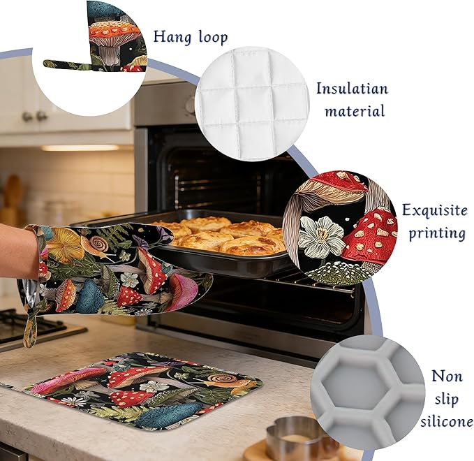 Mushroom Forest Oven Mitts and Pot Holders Cute Snail Wildflowers Silicone Kitchen Accessories Set of 4 Heat Resistant Non-Slip Long Gloves Potholder for Chef Cooking Baking Gifts Women Men